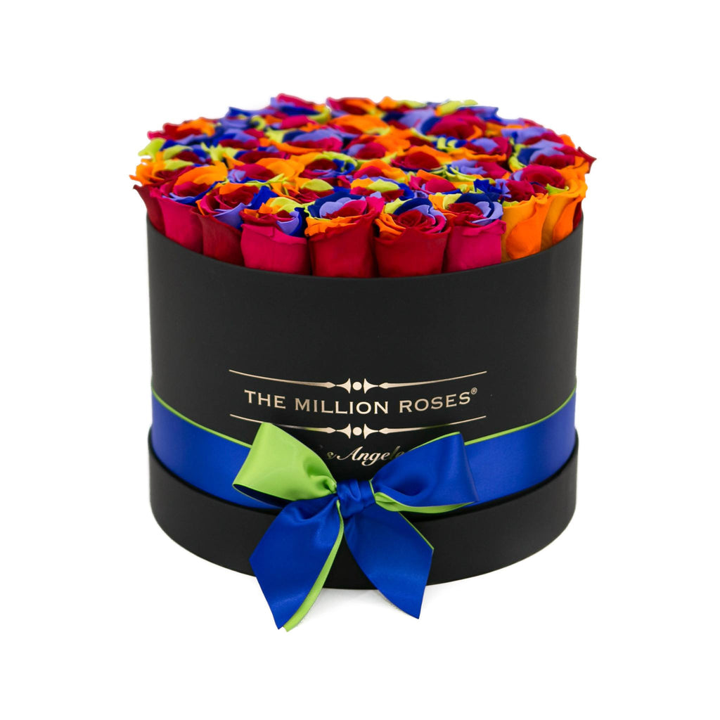 medium round box - black - rainbow ETERNITY roses rainbow eternity roses - the million roses