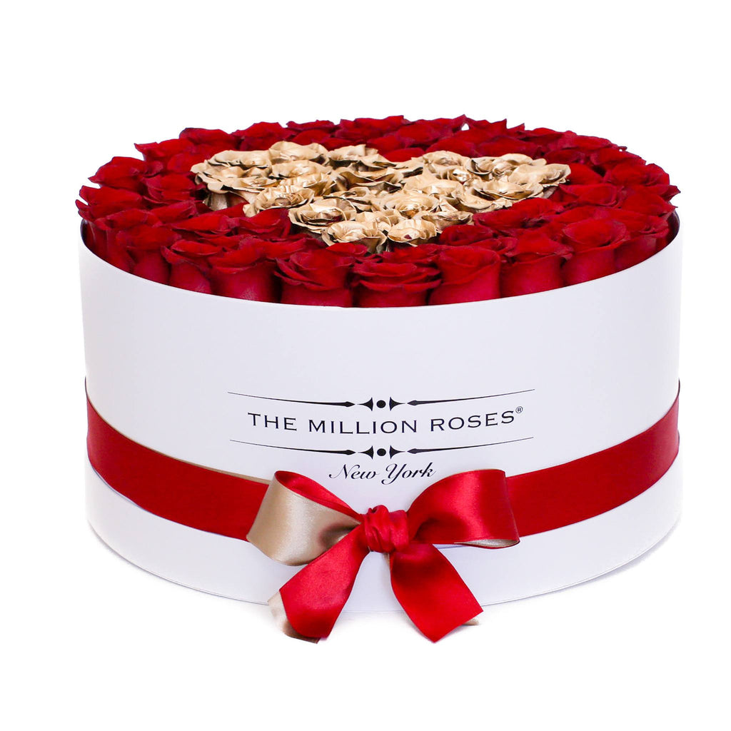the million LARGE box -  white - red&24k-gold (heart) ETERNITY roses mixed eternity roses - the million roses
