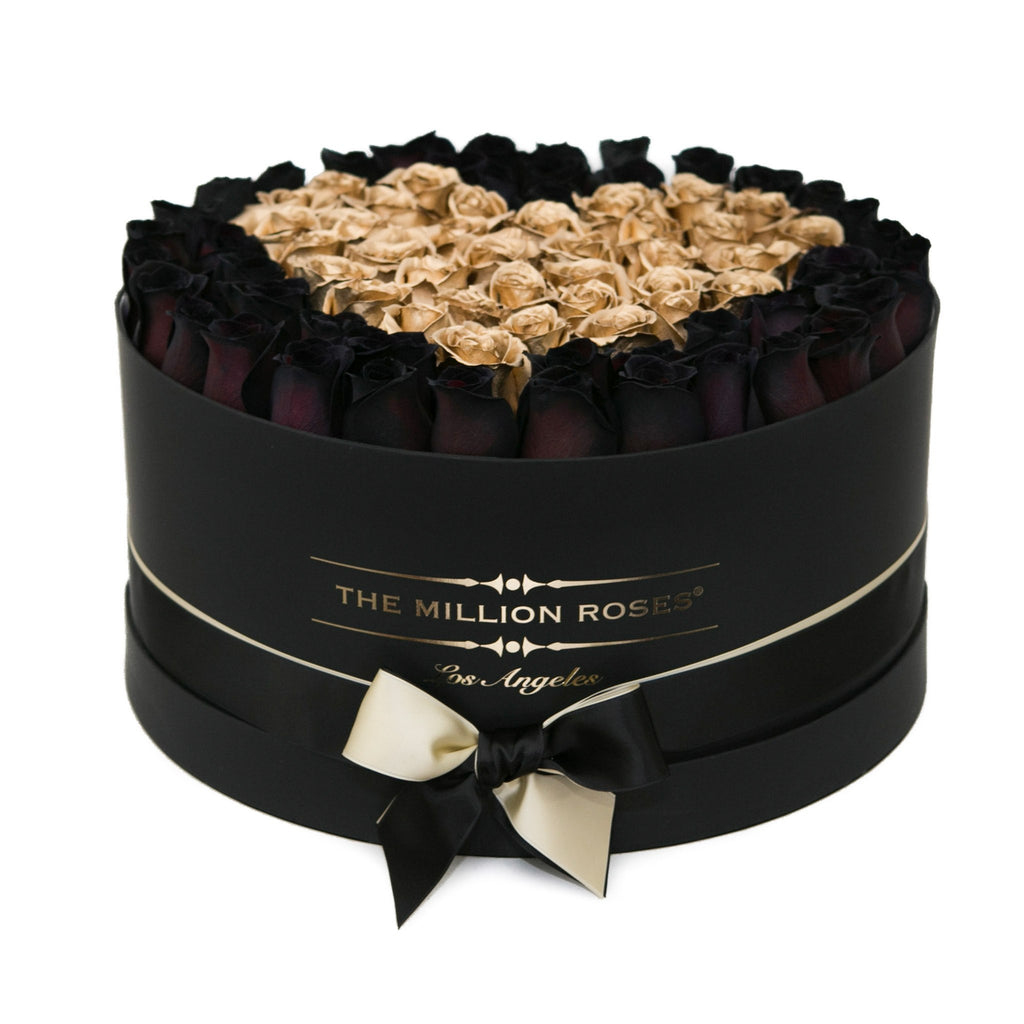 the million LARGE box -  black - black&24k-gold (heart) ETERNITY roses mixed eternity roses - the million roses