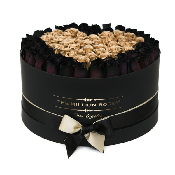the million LARGE box -  black - black&24k-gold (heart) ETERNITY roses mixed eternity roses - the million roses