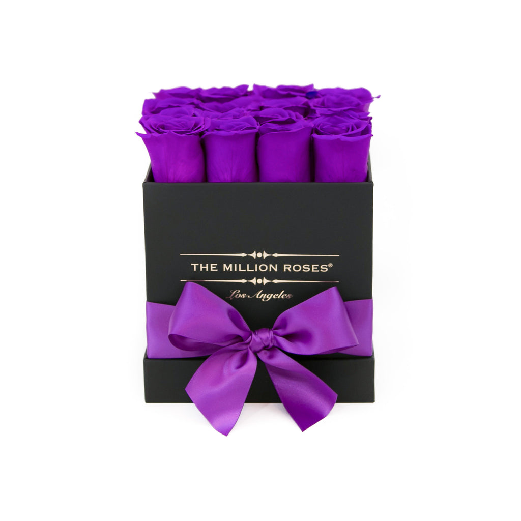 small SQUARE box - black - medium-purple ETERNITY roses