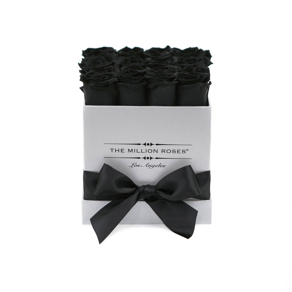 small SQUARE box - silver - black ETERNITY roses