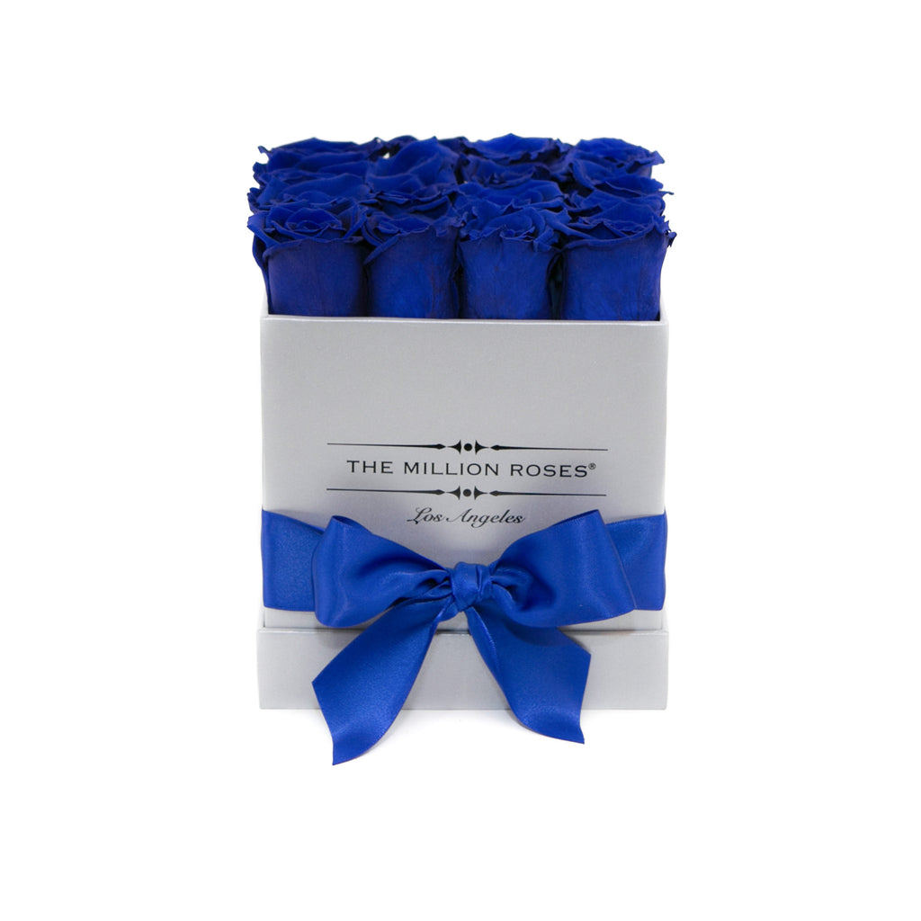 small SQUARE box - silver - blue ETERNITY roses