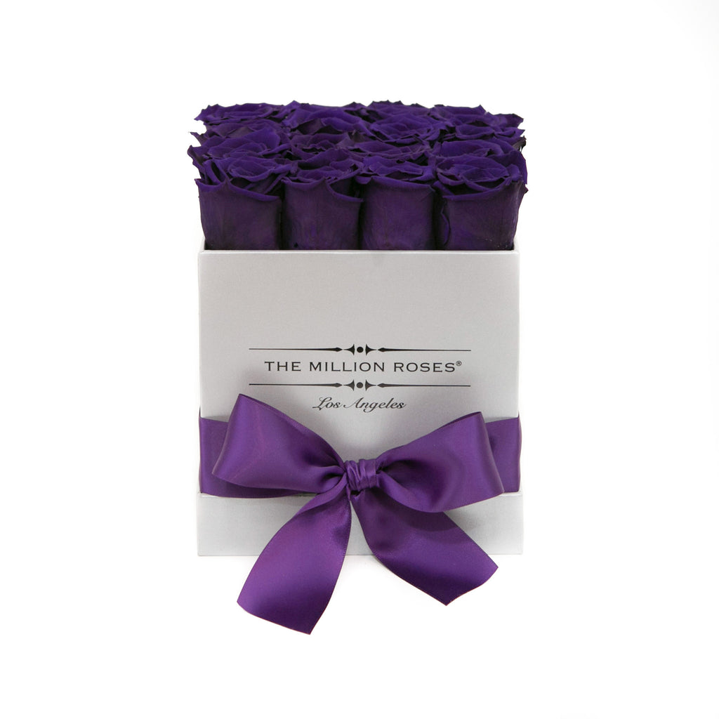 small SQUARE box - silver - dark-purple ETERNITY roses