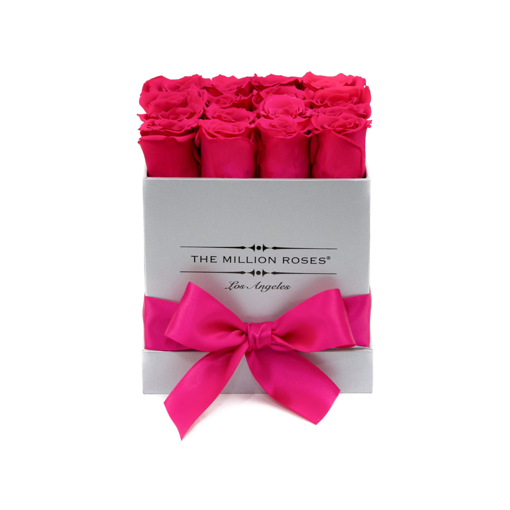 small SQUARE box - silver - hot-pink ETERNITY roses