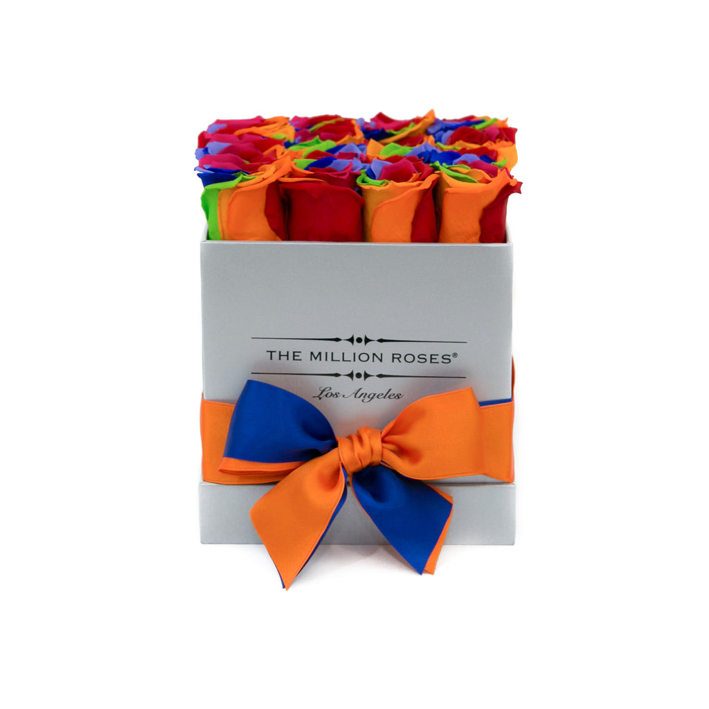small SQUARE box - silver - rainbow ETERNITY roses