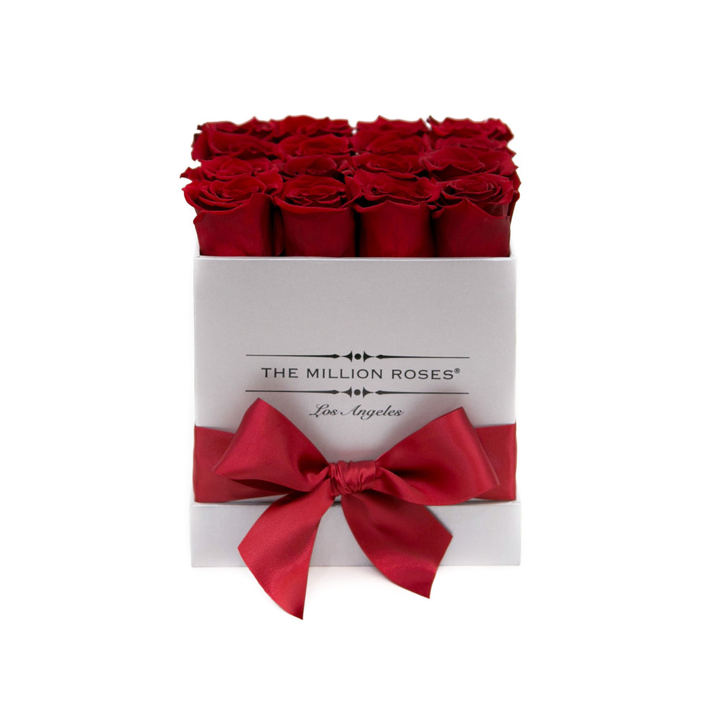 small SQUARE box - silver - red ETERNITY roses