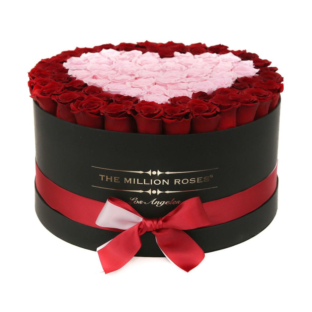 the million LARGE box - black - red&light-pink (heart) ETERNITY roses mixed eternity roses - the million roses