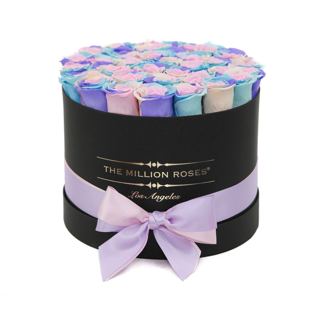 medium round box - black - pastel-rainbow ETERNITY roses rainbow eternity roses - the million roses