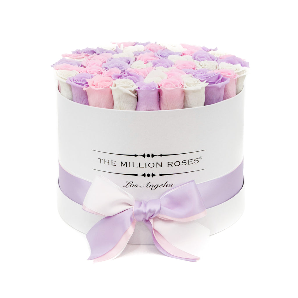 medium round box - white - white-pink-lavender (mix) ETERNITY roses