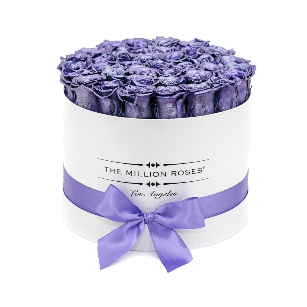 medium round box - white - purple gold ETERNITY roses purple gold - the million roses