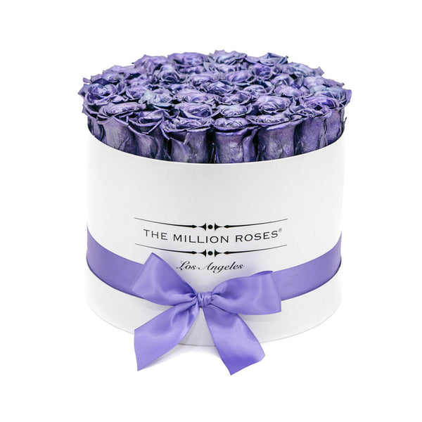 medium round box - white - purple gold ETERNITY roses purple gold - the million roses