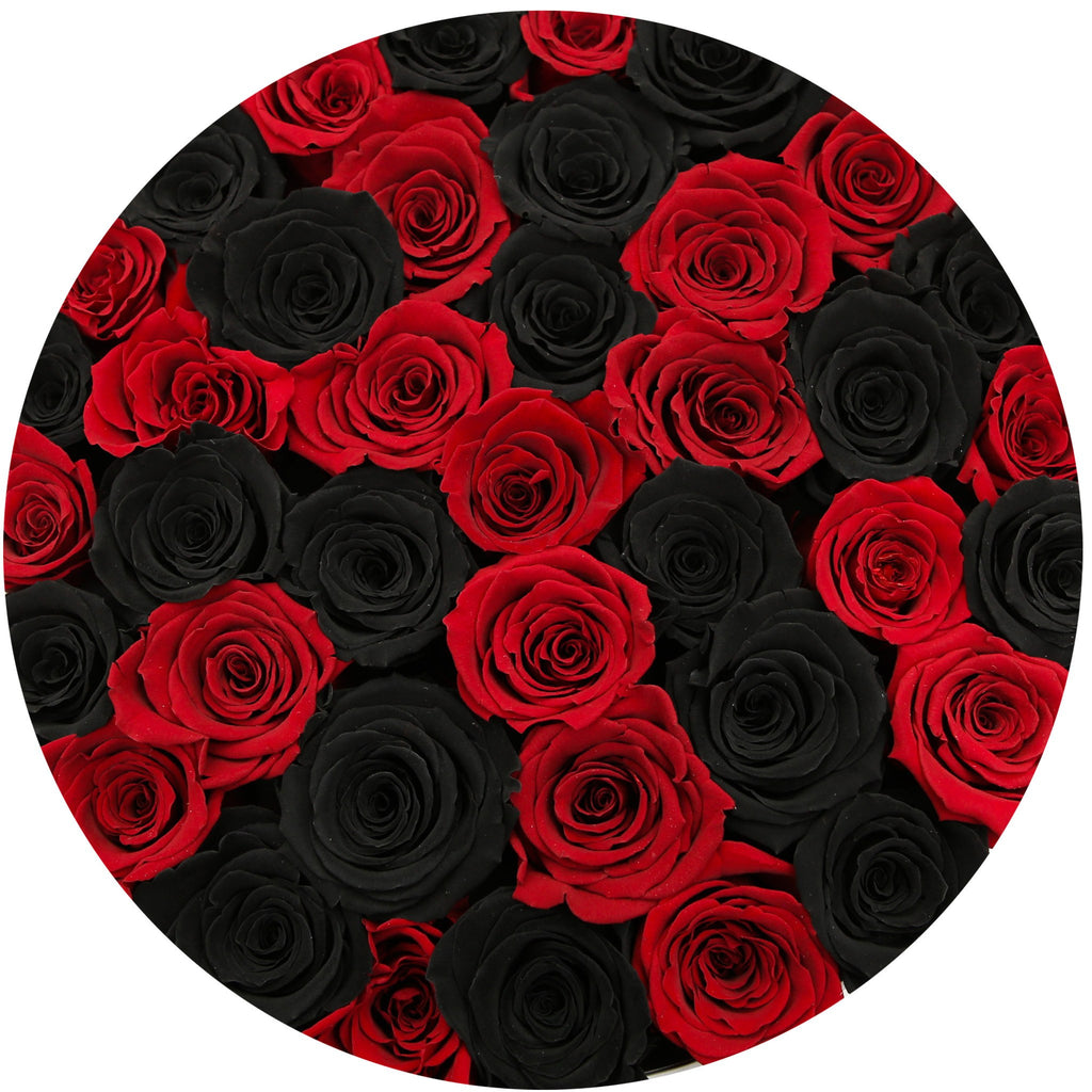 medium round box - white - red&black ETERNITY roses mixed eternity roses - the million roses