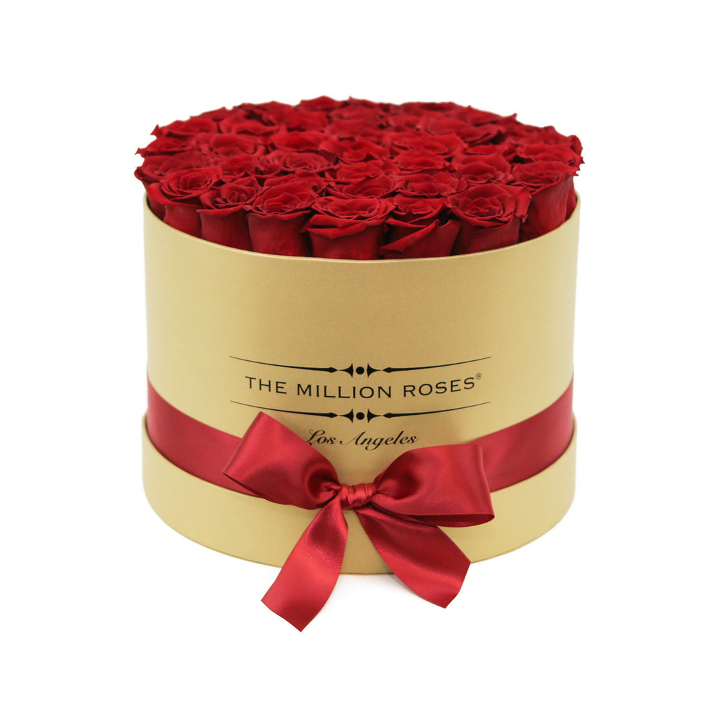medium round box - gold - red ETERNITY roses red eternity roses - the million roses