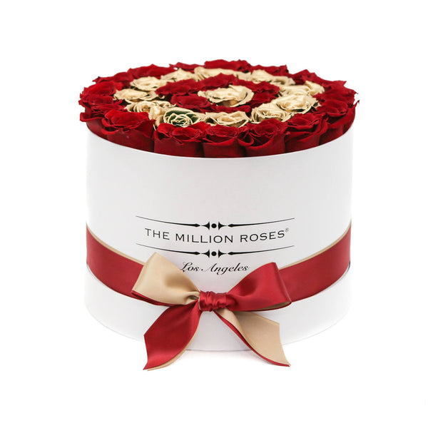 medium round box -white - red&24k-gold (target) ETERNITY roses 24k gold eternity roses - the million roses