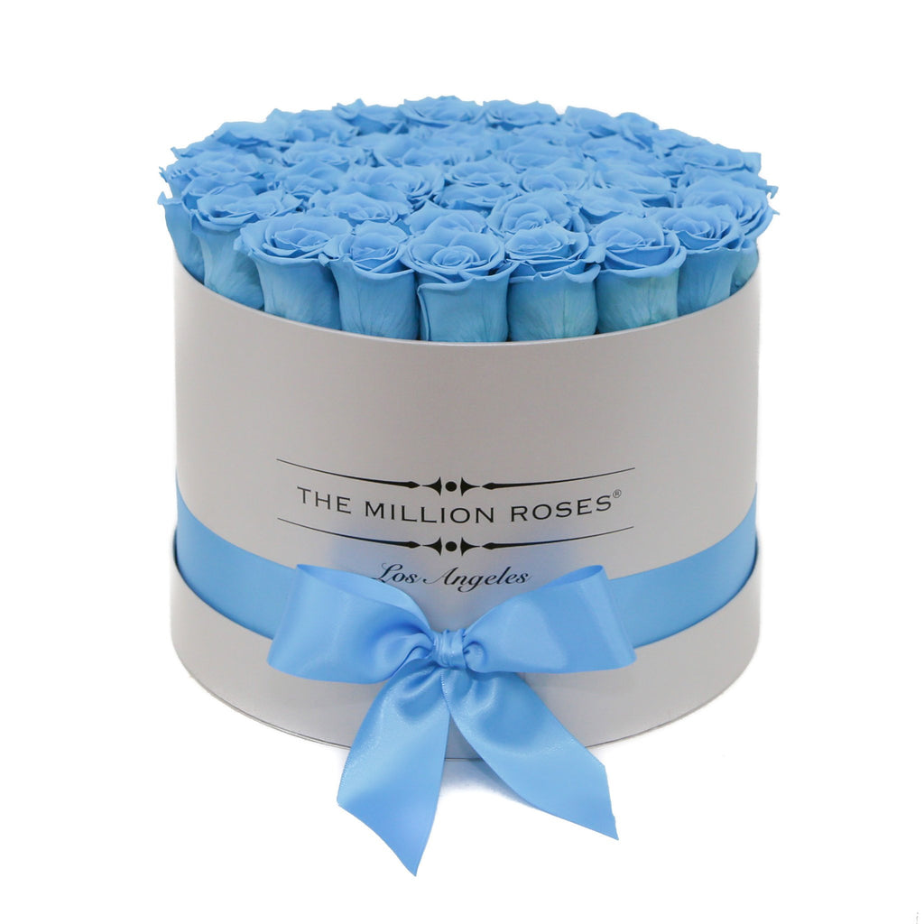 medium round box - silver - light-blue ETERNITY roses blue eternity roses - the million roses