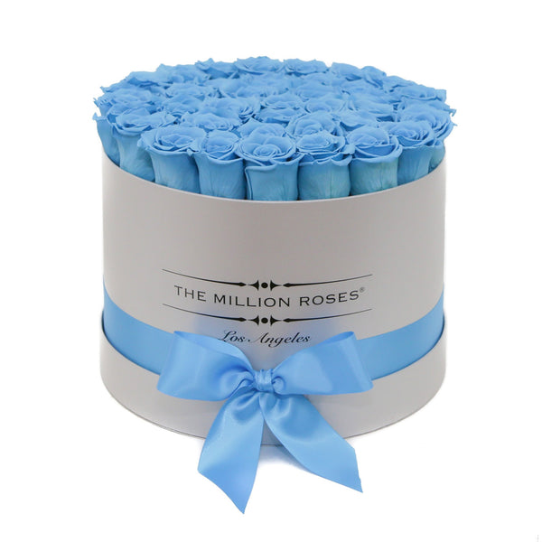 medium round box - silver - light-blue ETERNITY roses blue eternity roses - the million roses