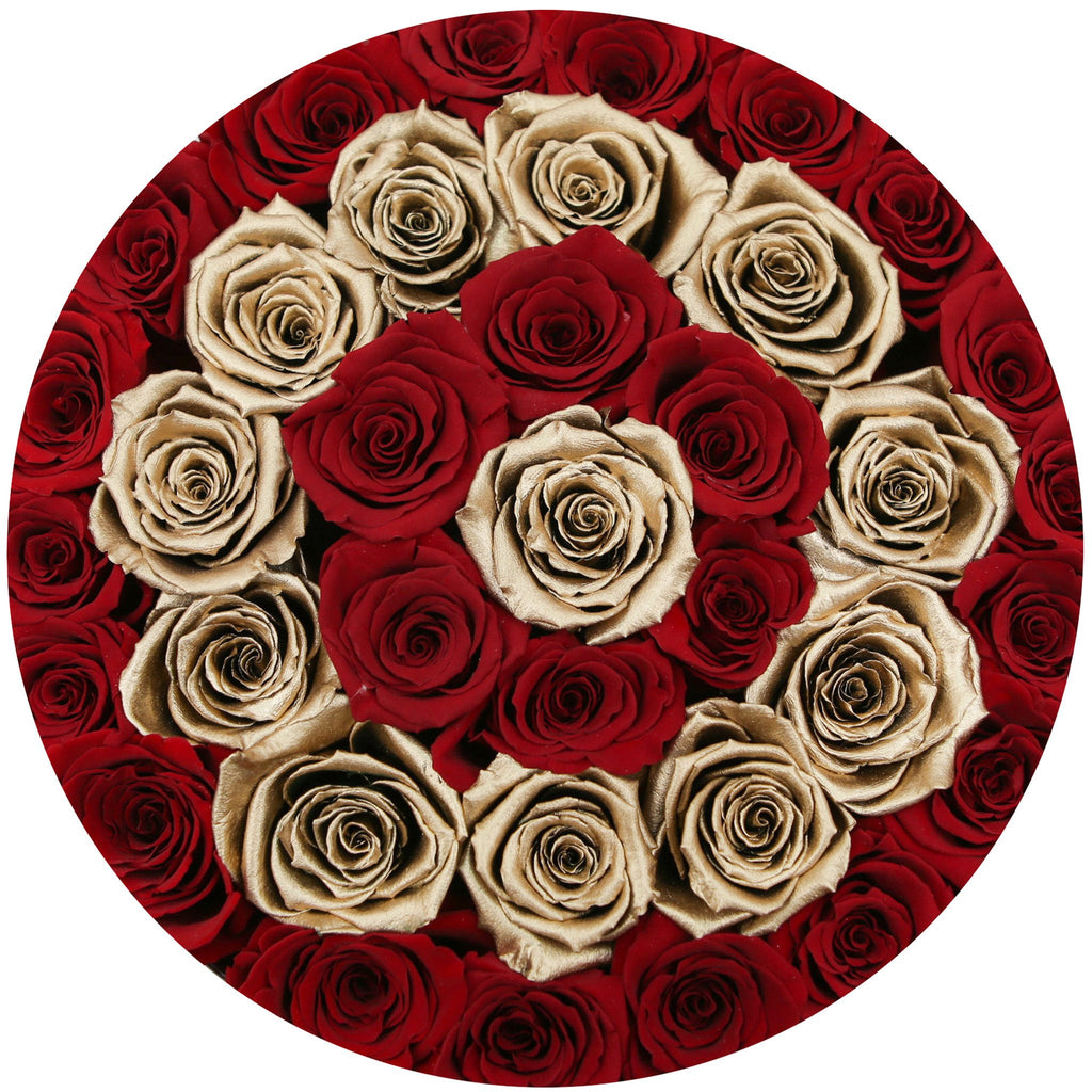 medium round box -white - red&24k-gold (target) ETERNITY roses 24k gold eternity roses - the million roses