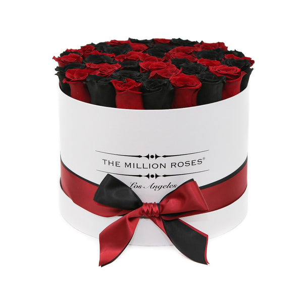 medium round box - white - red&black ETERNITY roses mixed eternity roses - the million roses