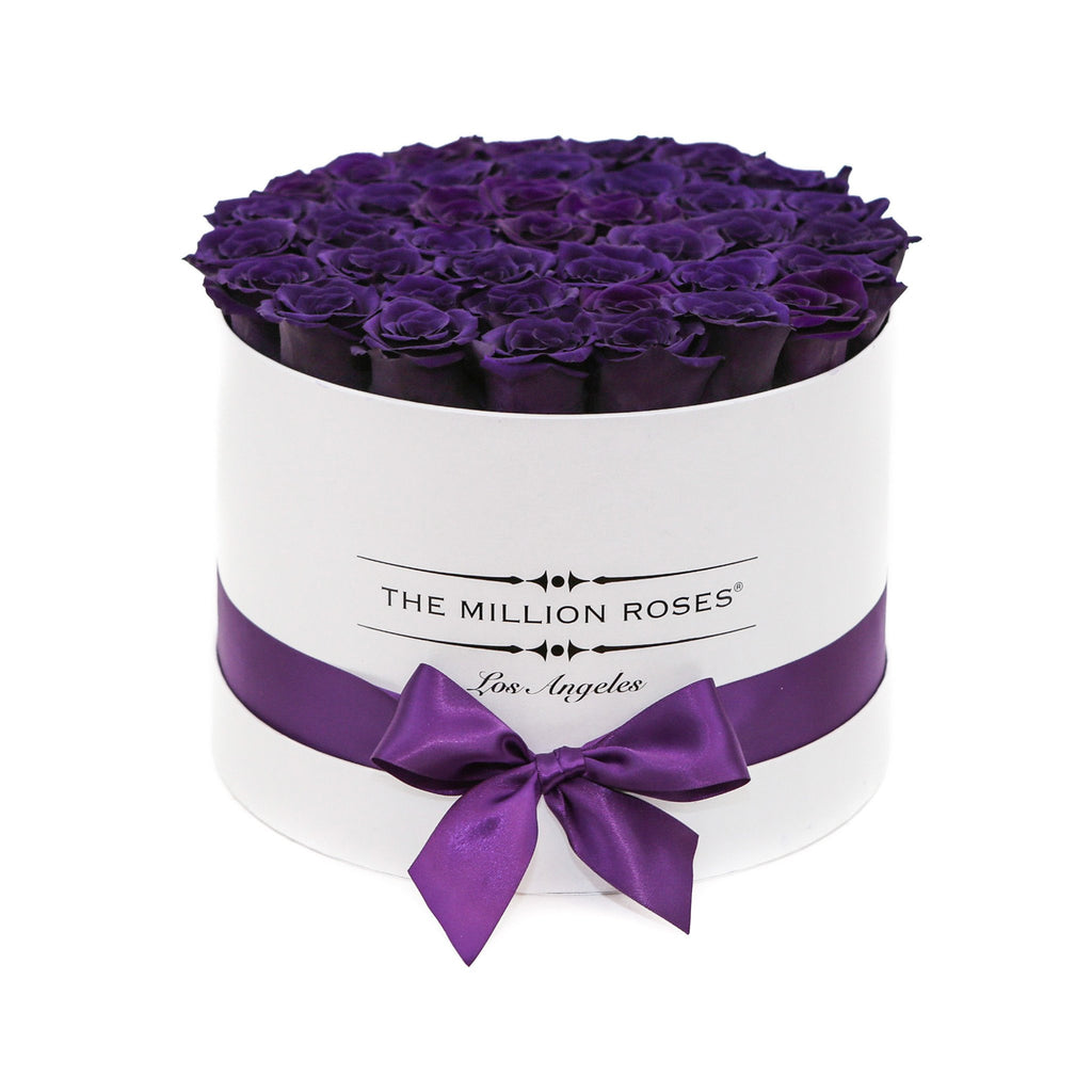 medium round box - white - dark purple ETERNITY roses purple eternity roses - the million roses