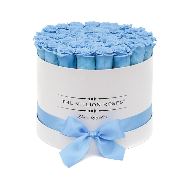 medium round box - white - light-blue ETERNITY roses blue eternity roses - the million roses