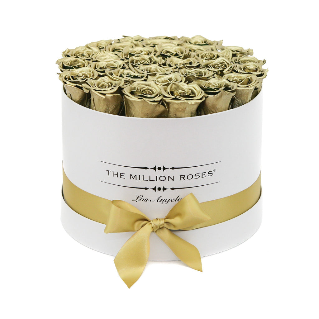 medium round box - white - olive-gold ETERNITY roses olive-gold eternity roses - the million roses