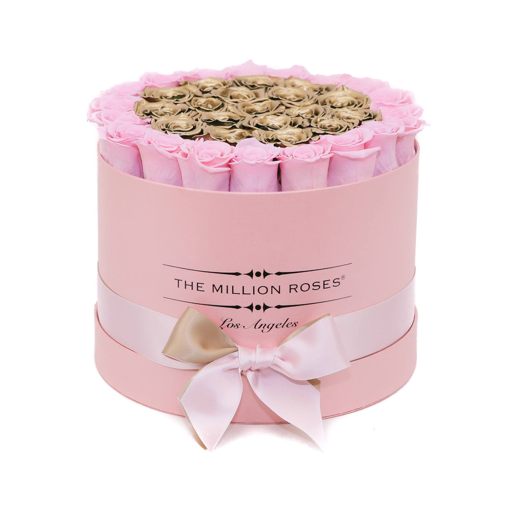 medium round box - pink - pink&gold ETERNITY roses mixed eternity roses - the million roses