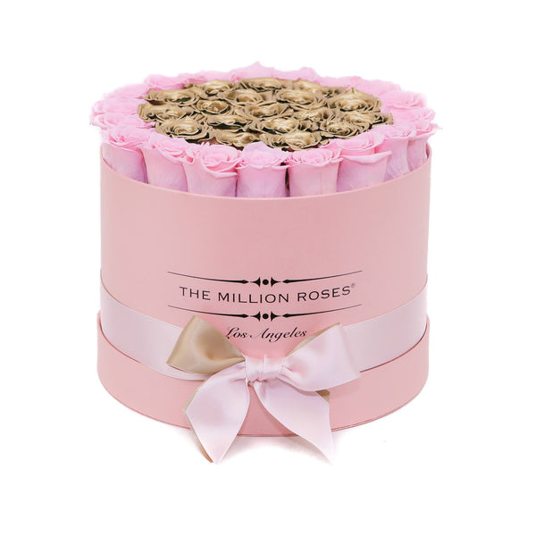 medium round box - pink - pink&gold ETERNITY roses mixed eternity roses - the million roses