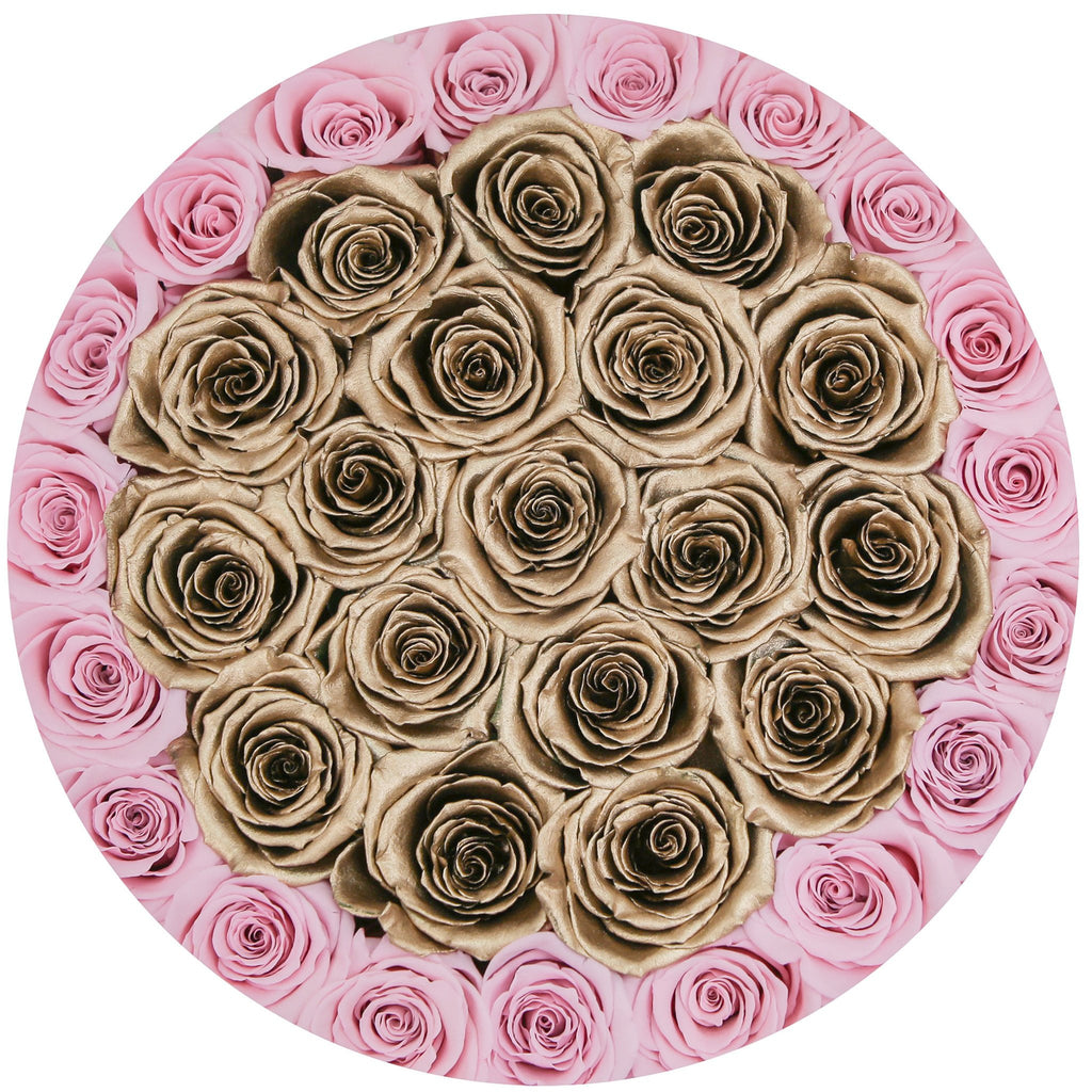 medium round box - pink - pink&gold ETERNITY roses mixed eternity roses - the million roses