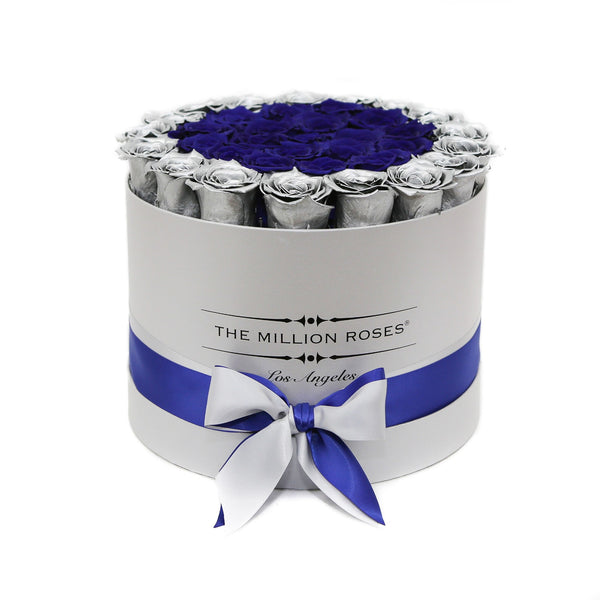 medium round box - silver - silver&blue ETERNITY roses mixed eternity roses - the million roses