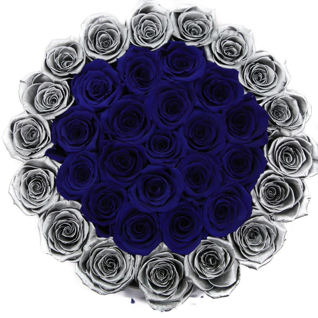 medium round box - silver - silver&blue ETERNITY roses mixed eternity roses - the million roses