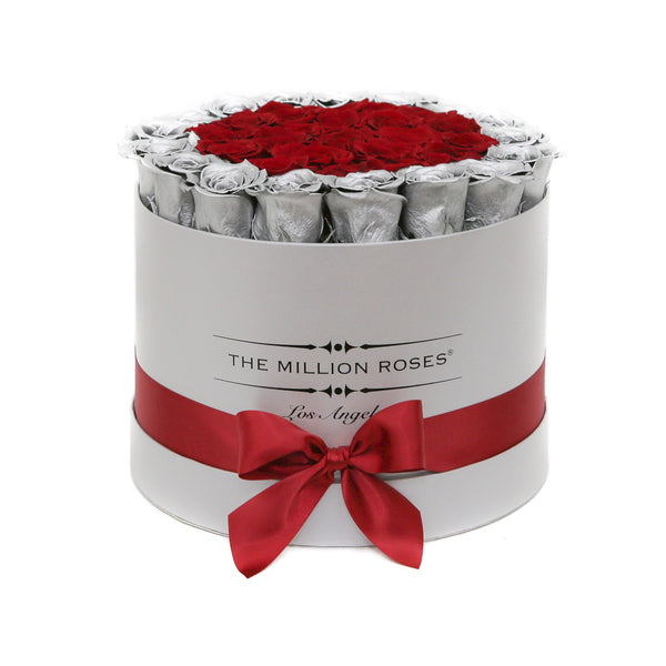 medium round box - silver - silver&red ETERNITY roses mixed eternity roses - the million roses