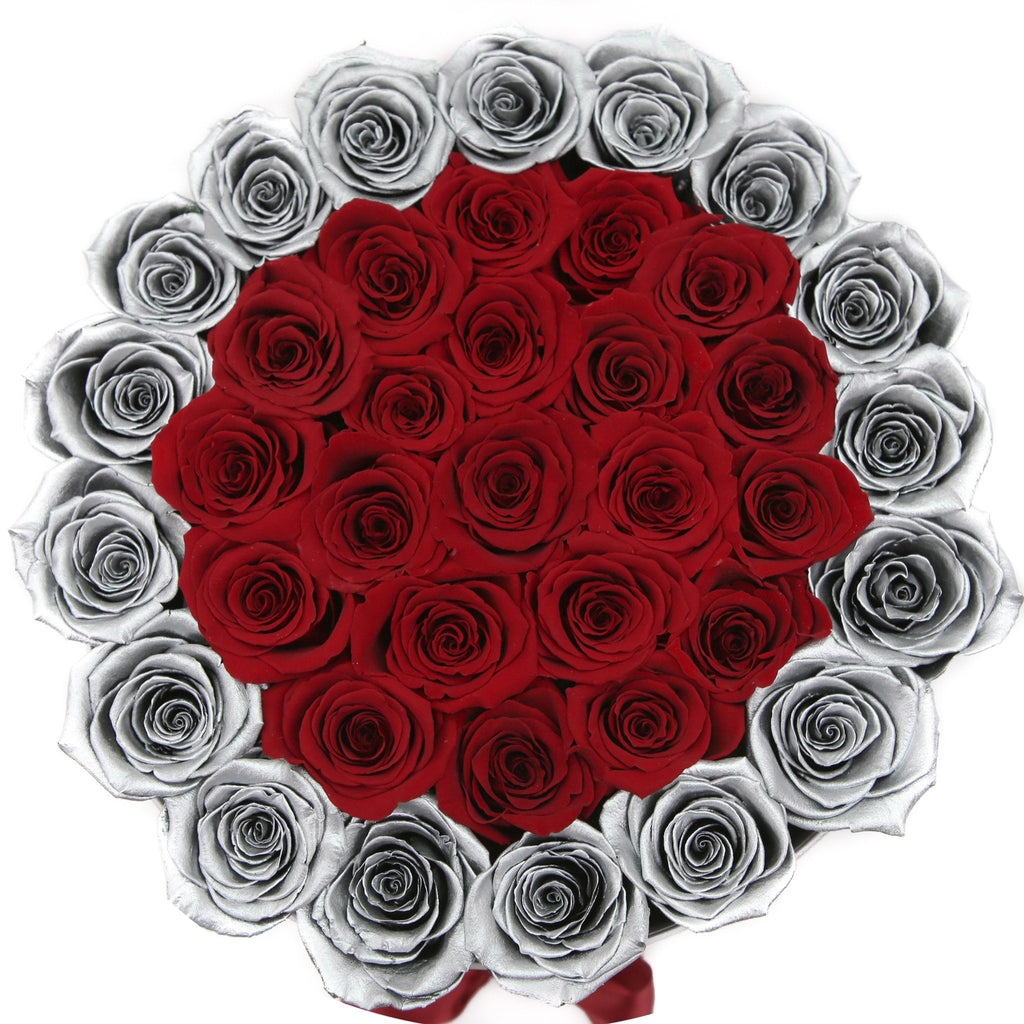 medium round box - silver - silver&red ETERNITY roses mixed eternity roses - the million roses