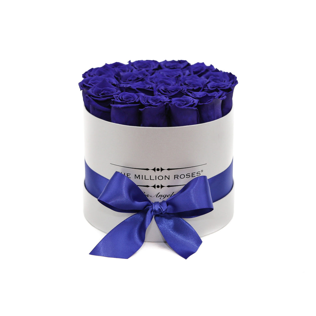 small round box - silver - blue ETERNITY roses blue eternity roses - the million roses