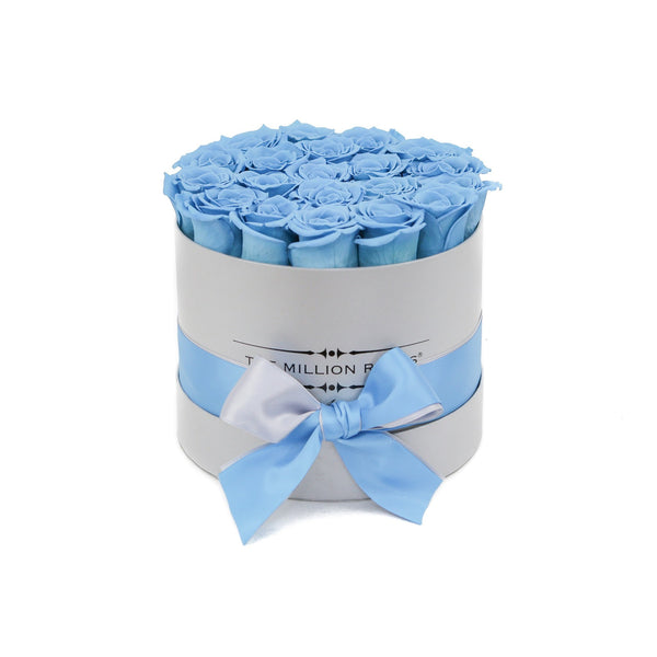 small round box - silver - light blue ETERNITY roses blue eternity roses - the million roses