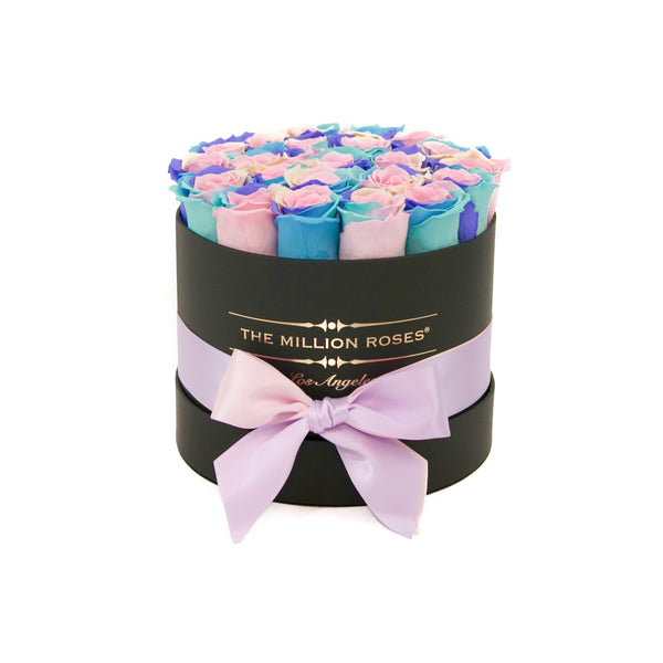 small round box - black - pastel-rainbow ETERNITY roses