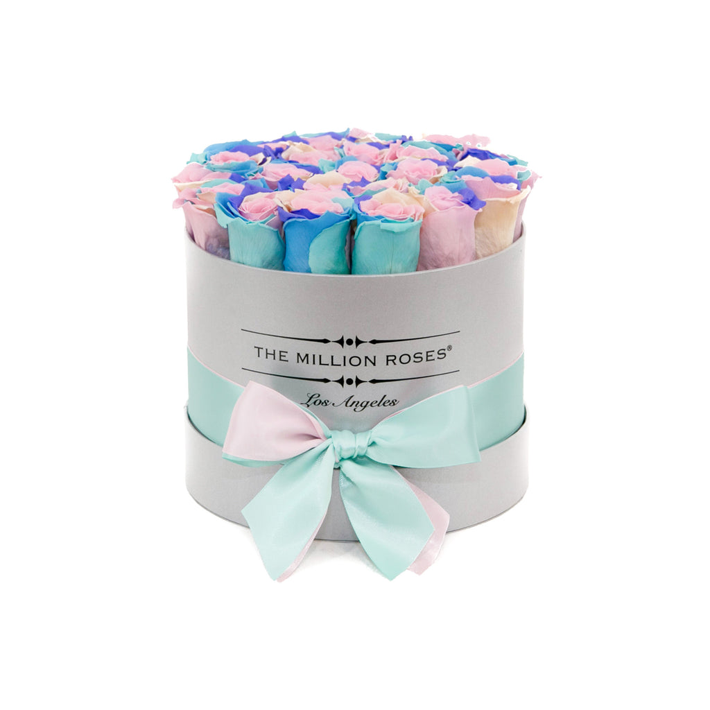 small round box - silver - pastel-rainbow ETERNITY roses