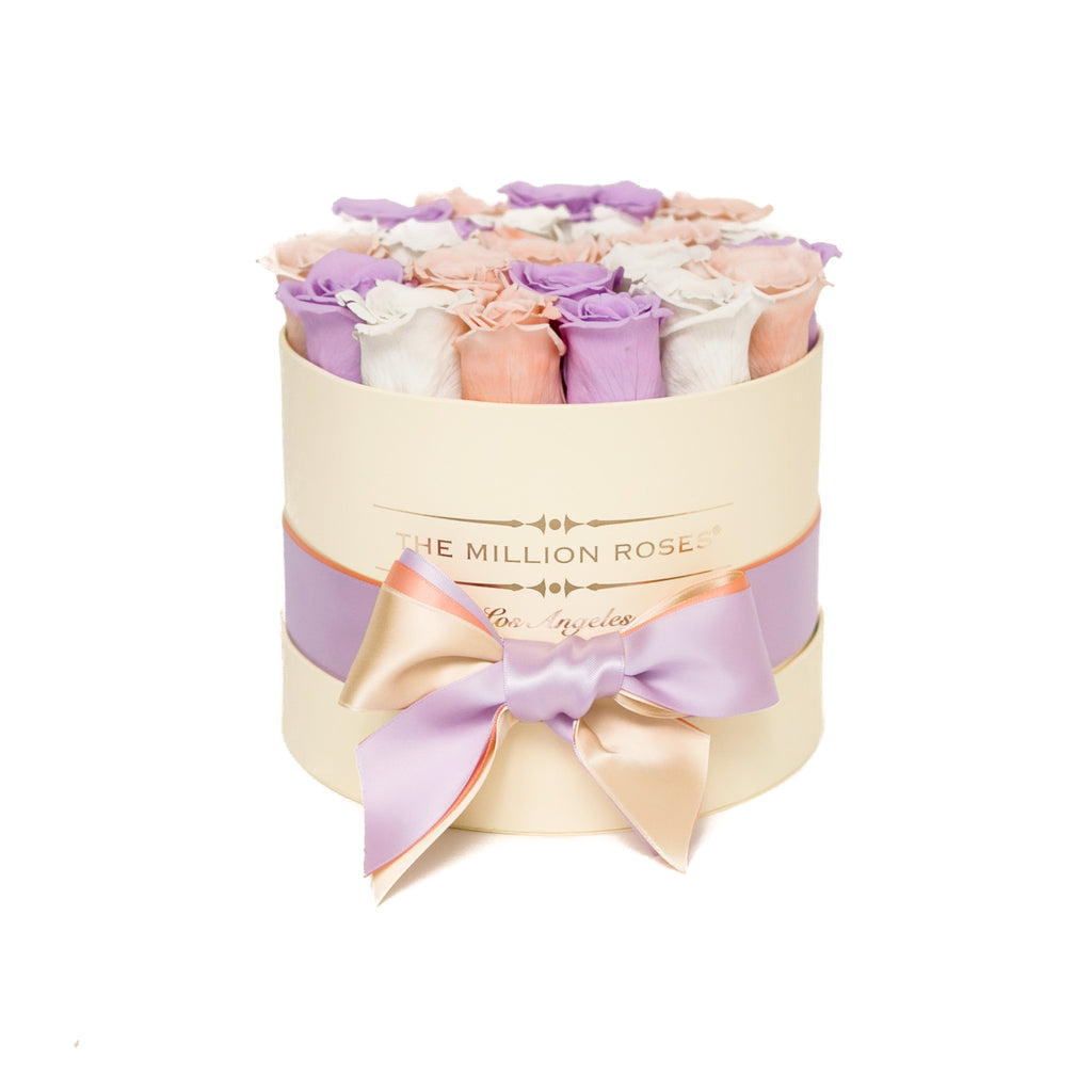 small round box - vanilla - white-peach-lavender ETERNITY roses