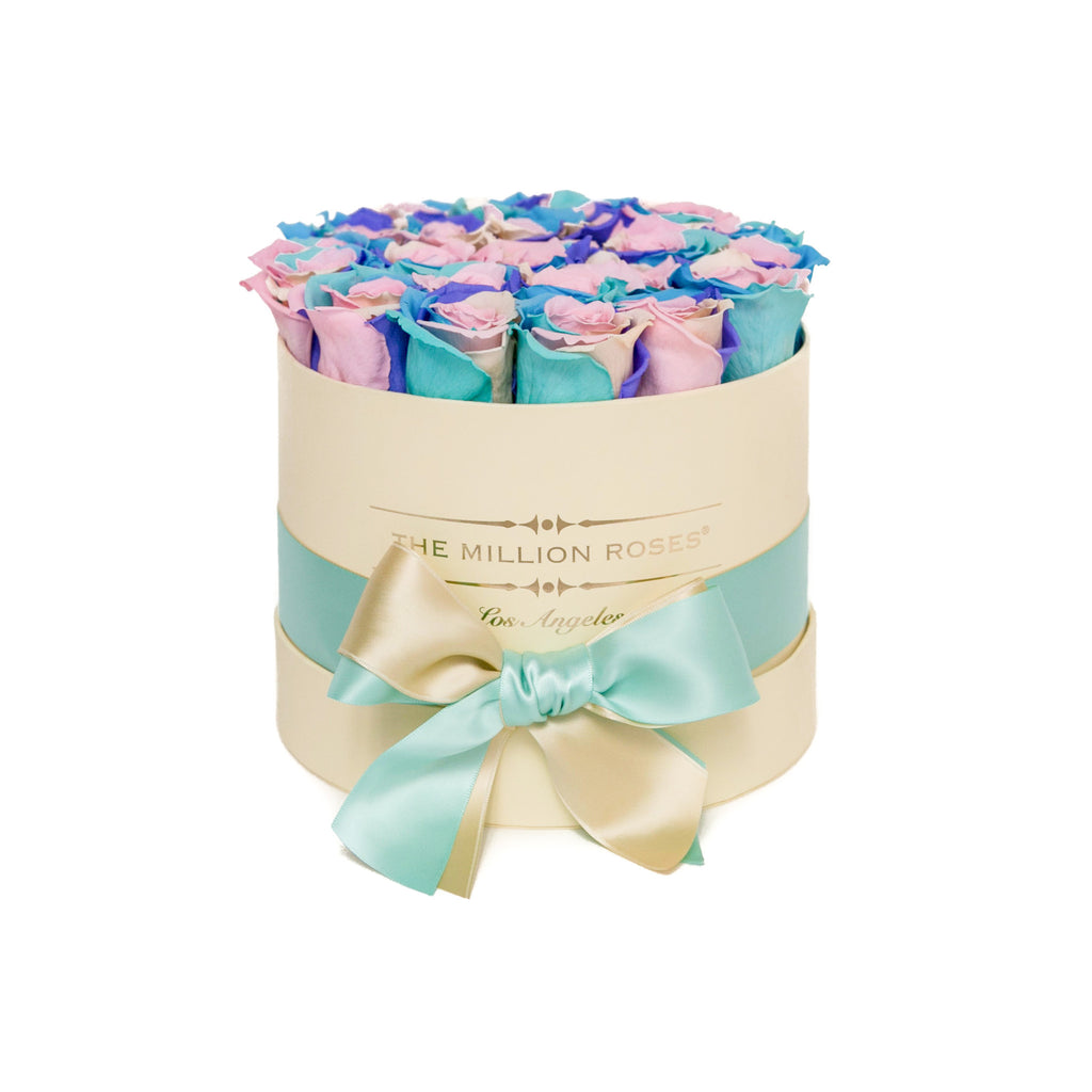 small round box - vanilla - pastel-rainbow ETERNITY roses